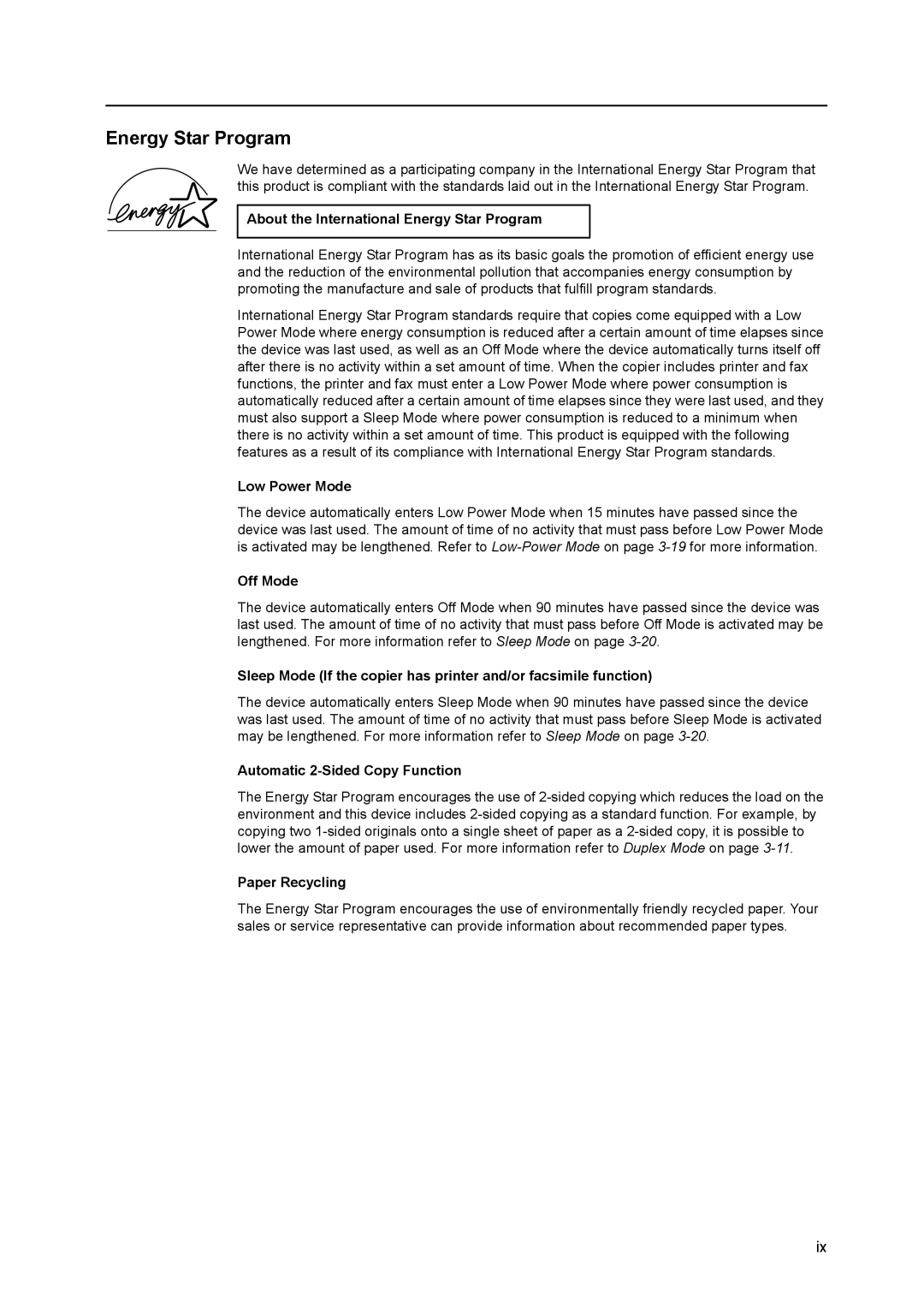 Kyocera 6030 manual About the International Energy Star Program, Low Power Mode, Off Mode, Automatic 2-Sided Copy Function 