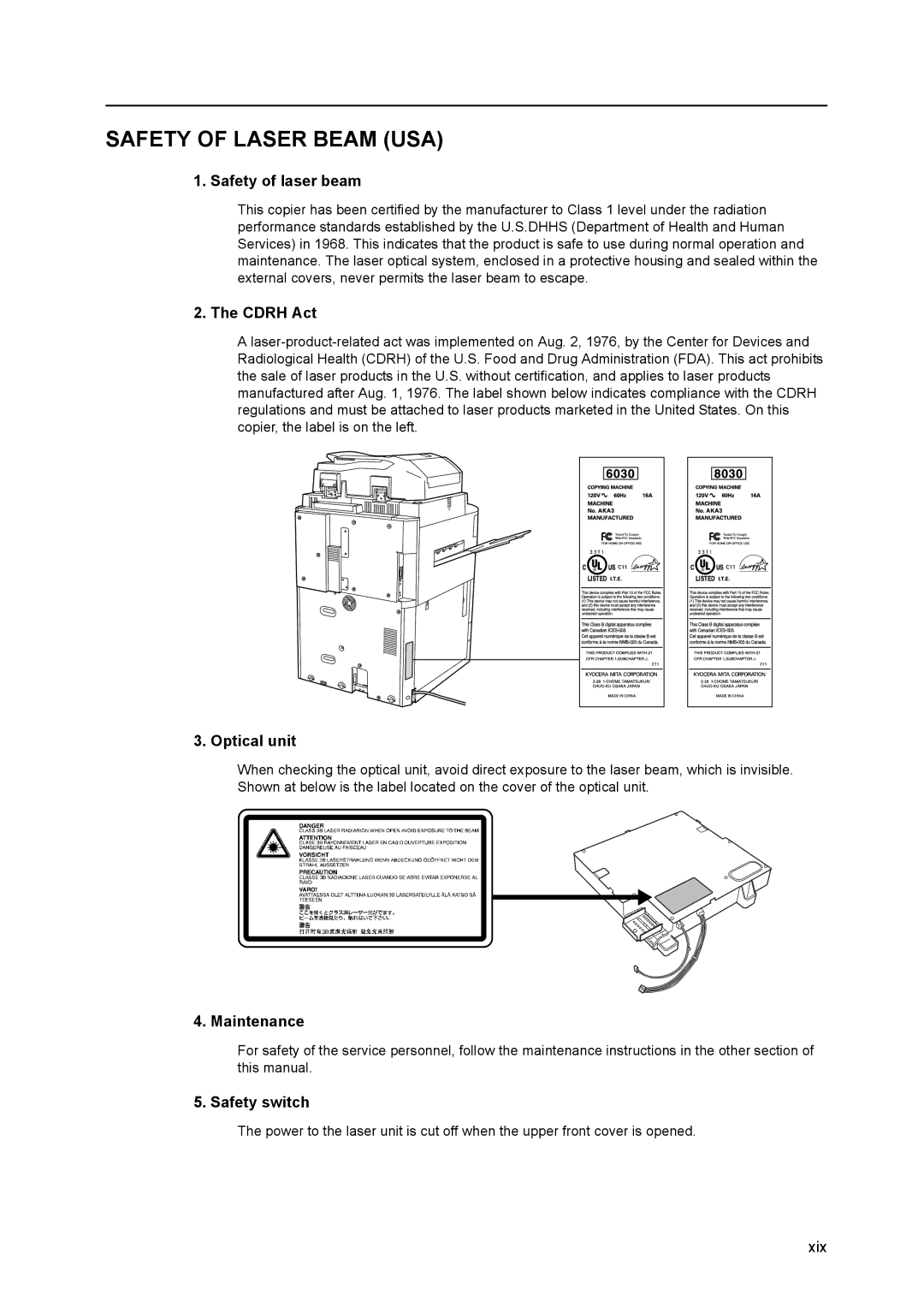 Kyocera 6030 manual Safety of Laser Beam USA 