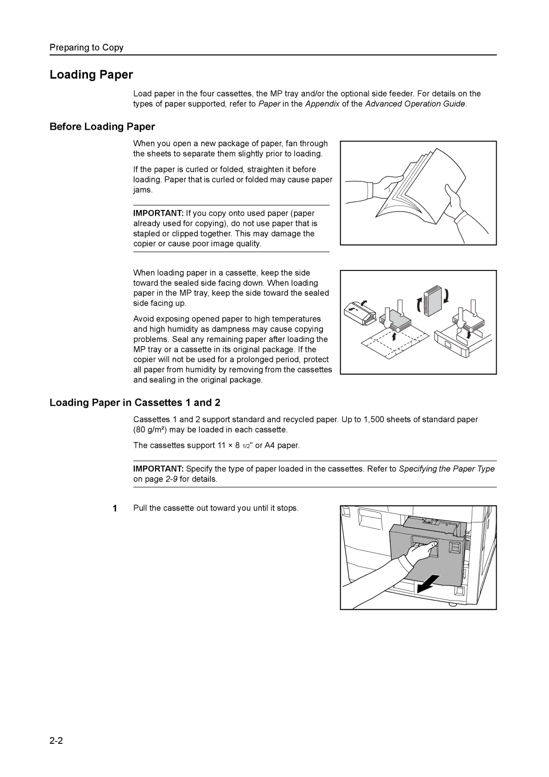 Kyocera 6030 manual Before Loading Paper, Loading Paper in Cassettes 1 