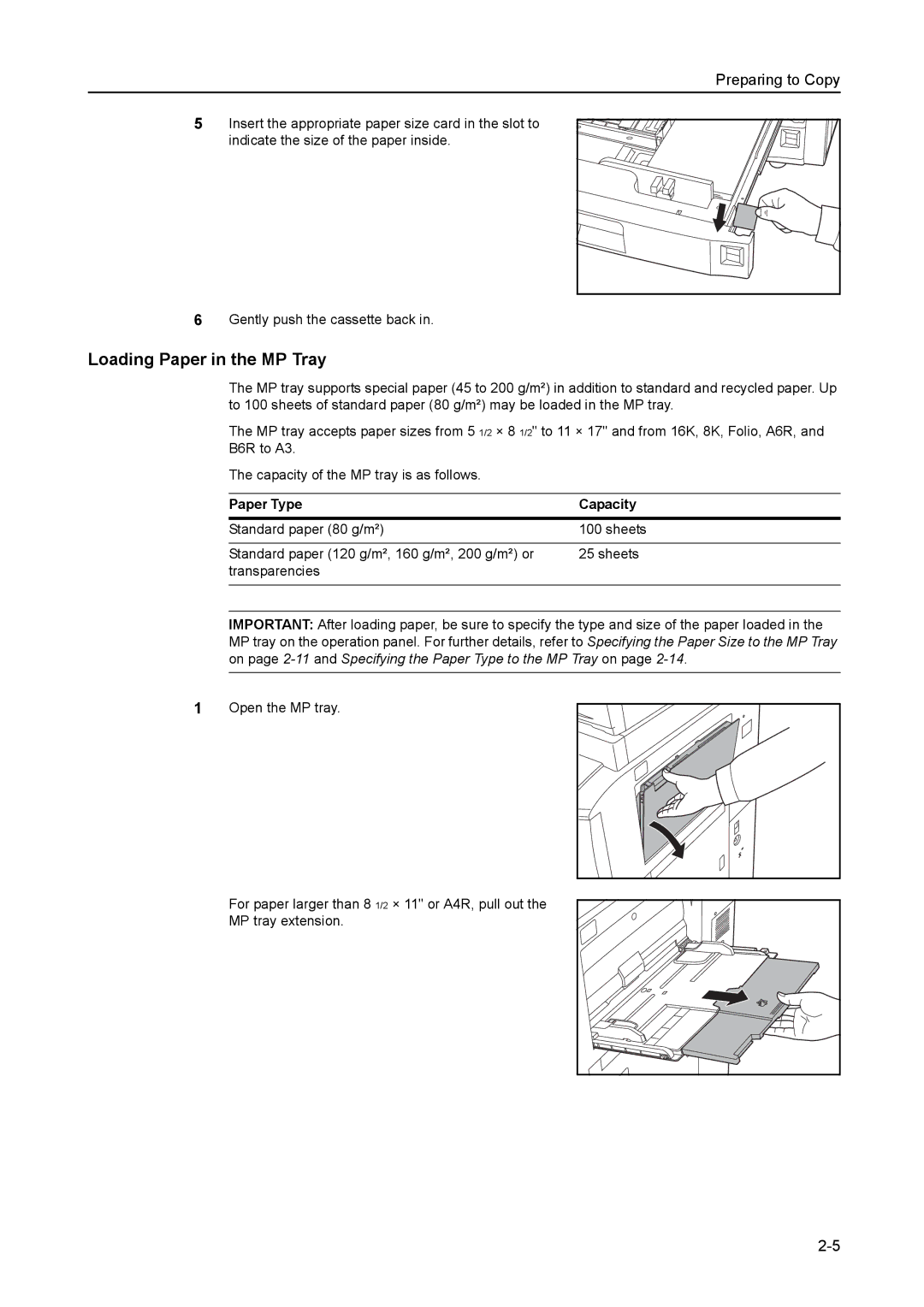 Kyocera 6030 manual Loading Paper in the MP Tray, Paper Type Capacity 