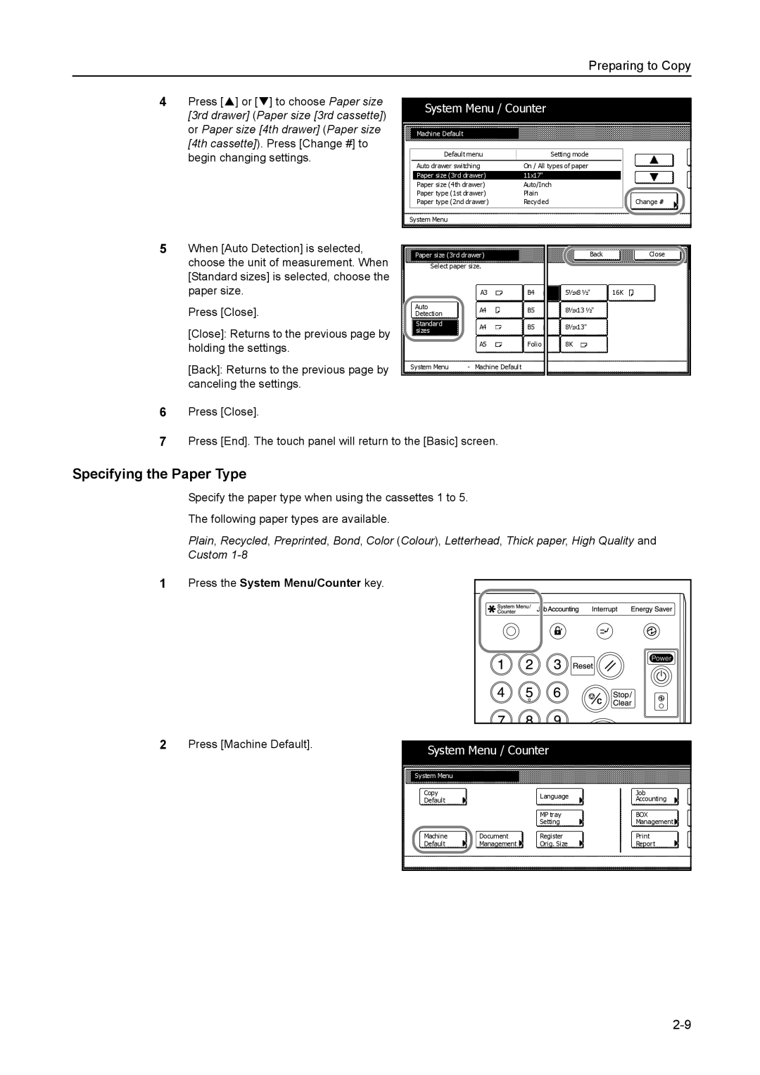 Kyocera 6030 manual Specifying the Paper Type, Paper size 3rd drawer 11x17 