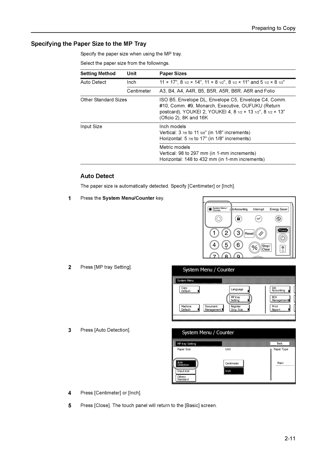 Kyocera 6030 manual Specifying the Paper Size to the MP Tray, Auto Detect, Setting Method Unit Paper Sizes 