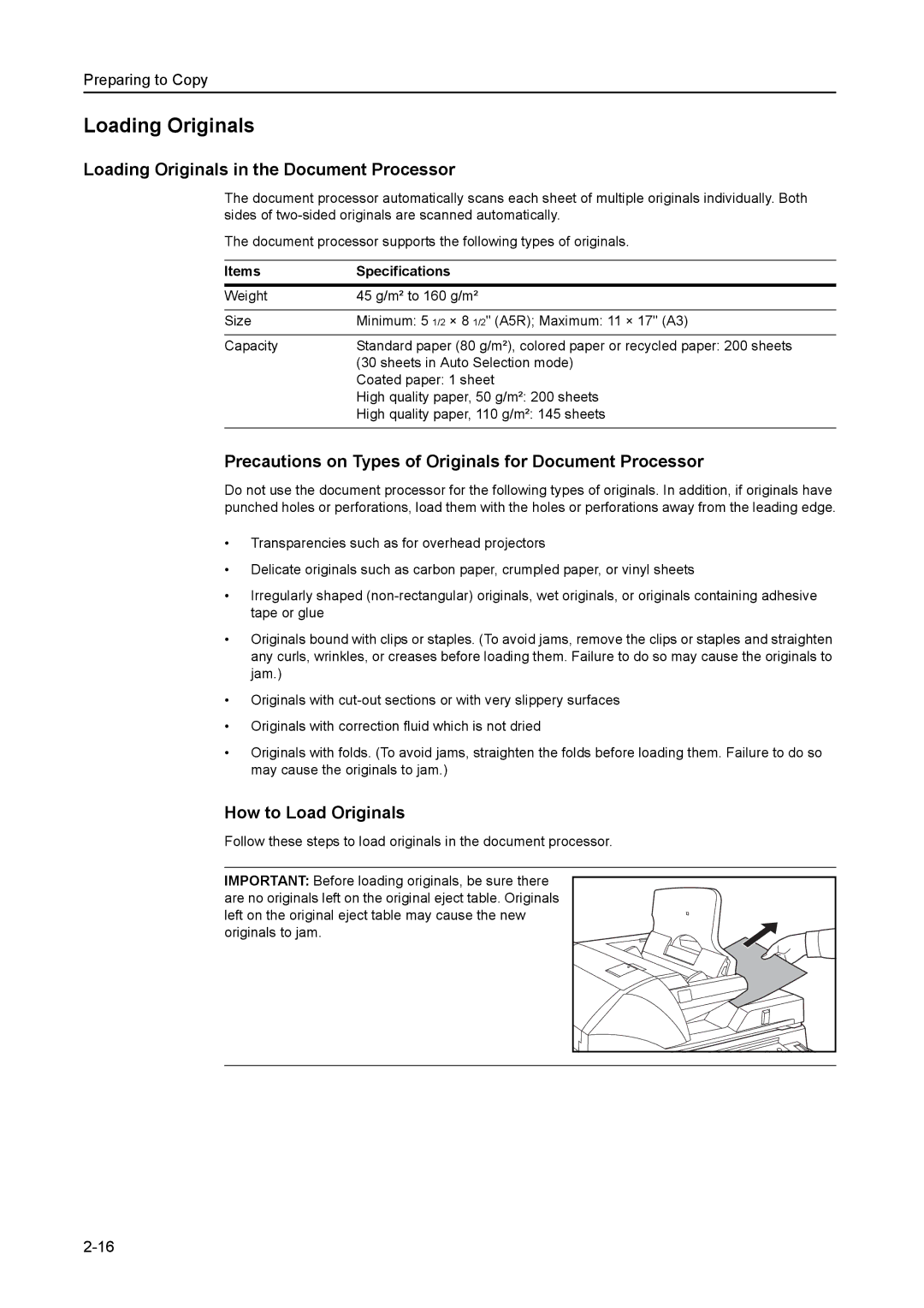 Kyocera 6030 Loading Originals in the Document Processor, Precautions on Types of Originals for Document Processor 