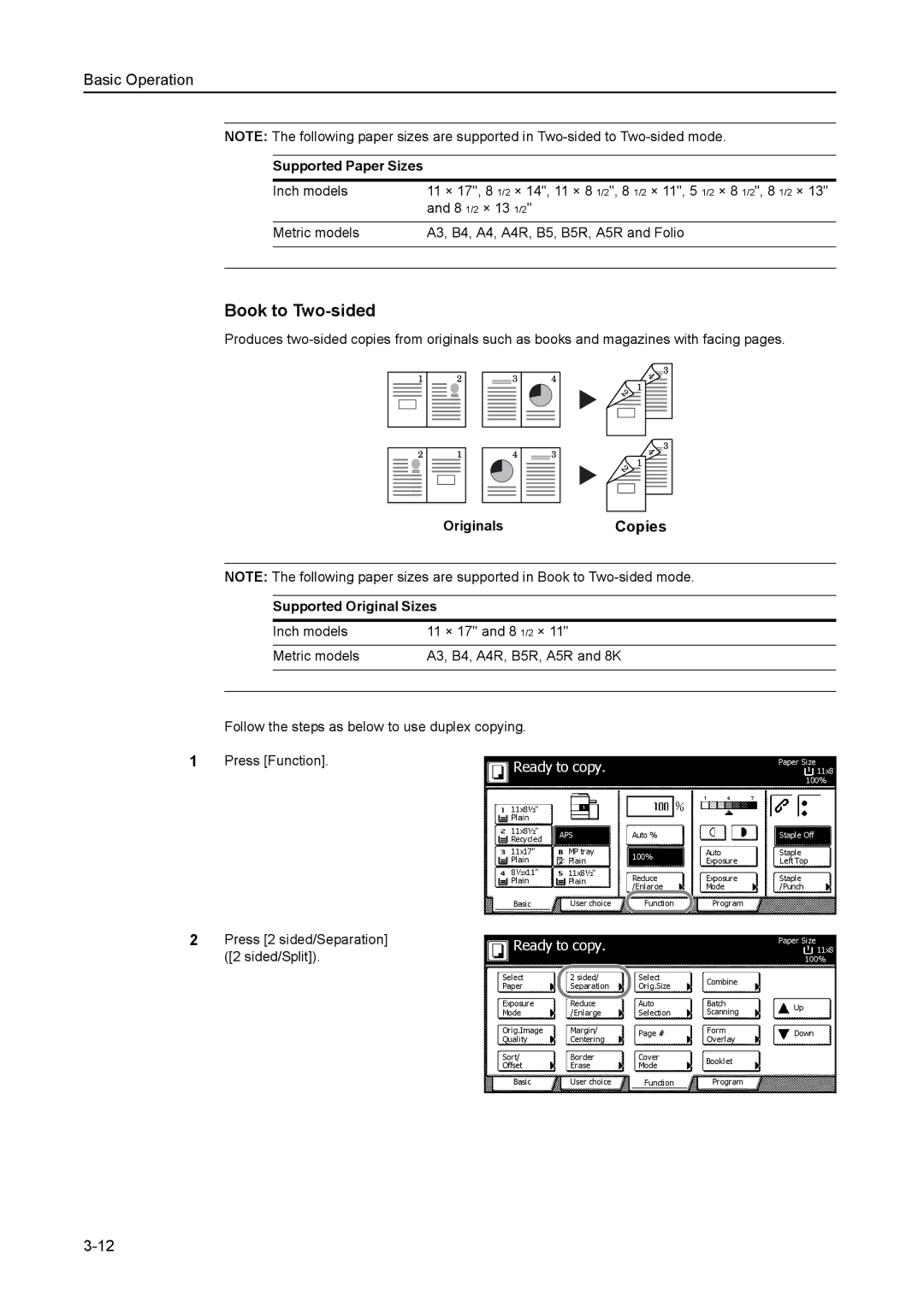 Kyocera 6030 manual Book to Two-sided, Supported Paper Sizes, OriginalsCopies Supported Original Sizes 