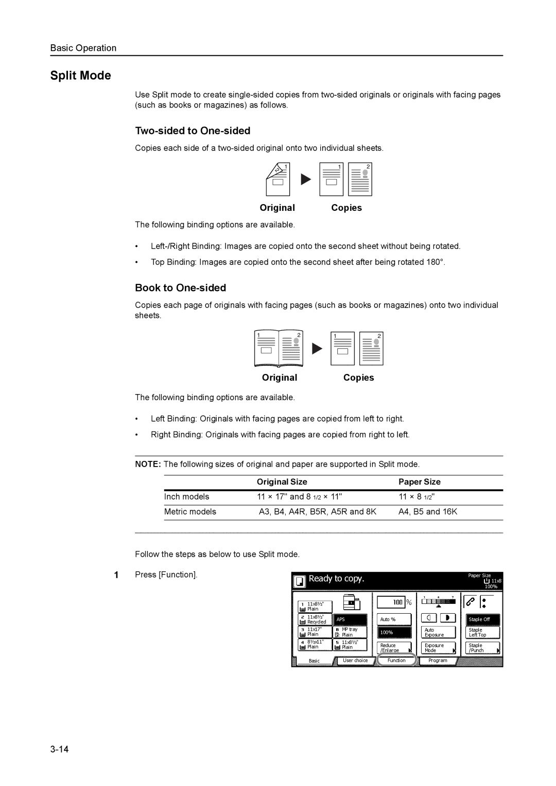 Kyocera 6030 manual Split Mode, Two-sided to One-sided, Book to One-sided, Original Size Paper Size 