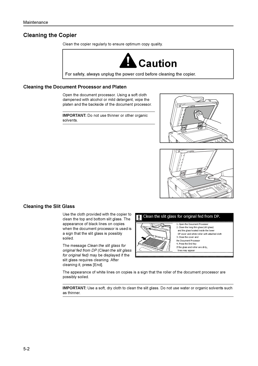 Kyocera 6030 manual Cleaning the Copier, Cleaning the Document Processor and Platen, Cleaning the Slit Glass 