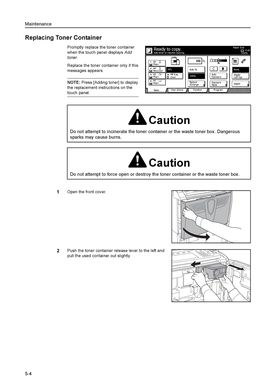 Kyocera 6030 manual Replacing Toner Container 