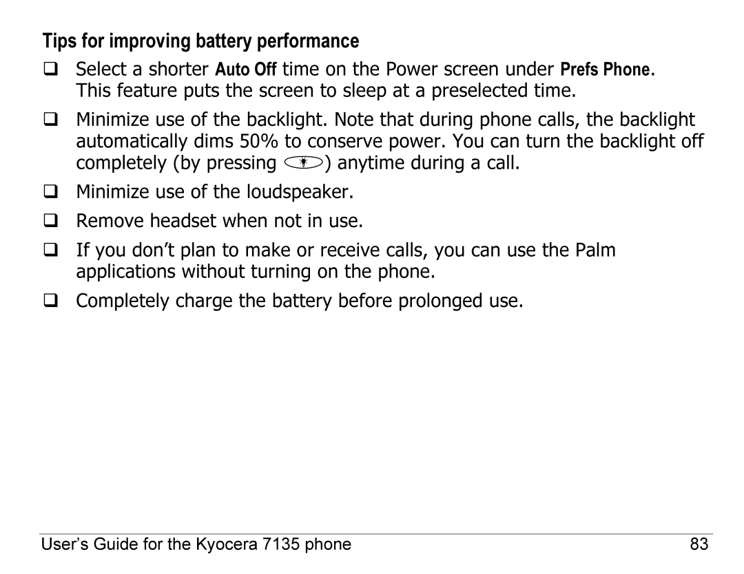 Kyocera 7100 Series, 7135 manual Tips for improving battery performance 