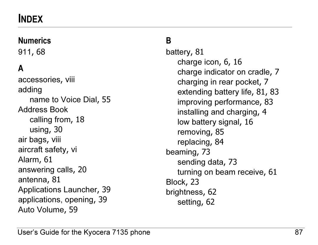 Kyocera 7100 Series, 7135 manual Index, Numerics 