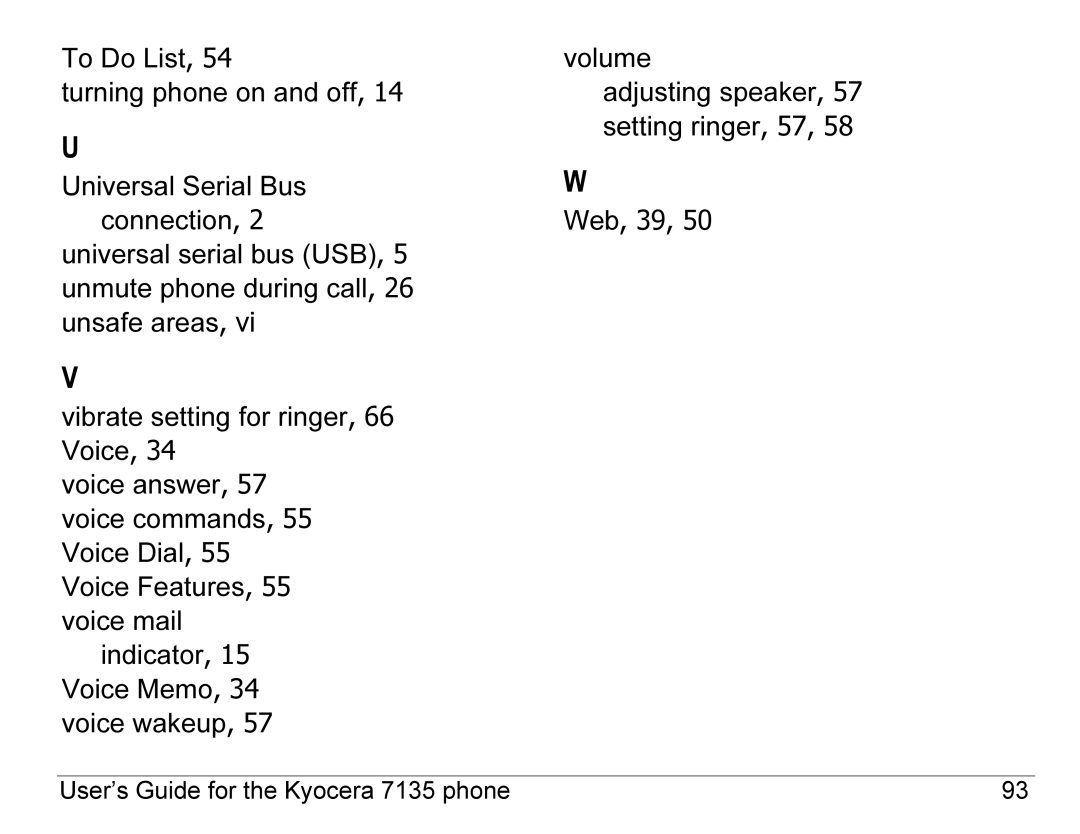 Kyocera 7100 Series, 7135 manual To Do List Volume Turning phone on and off 