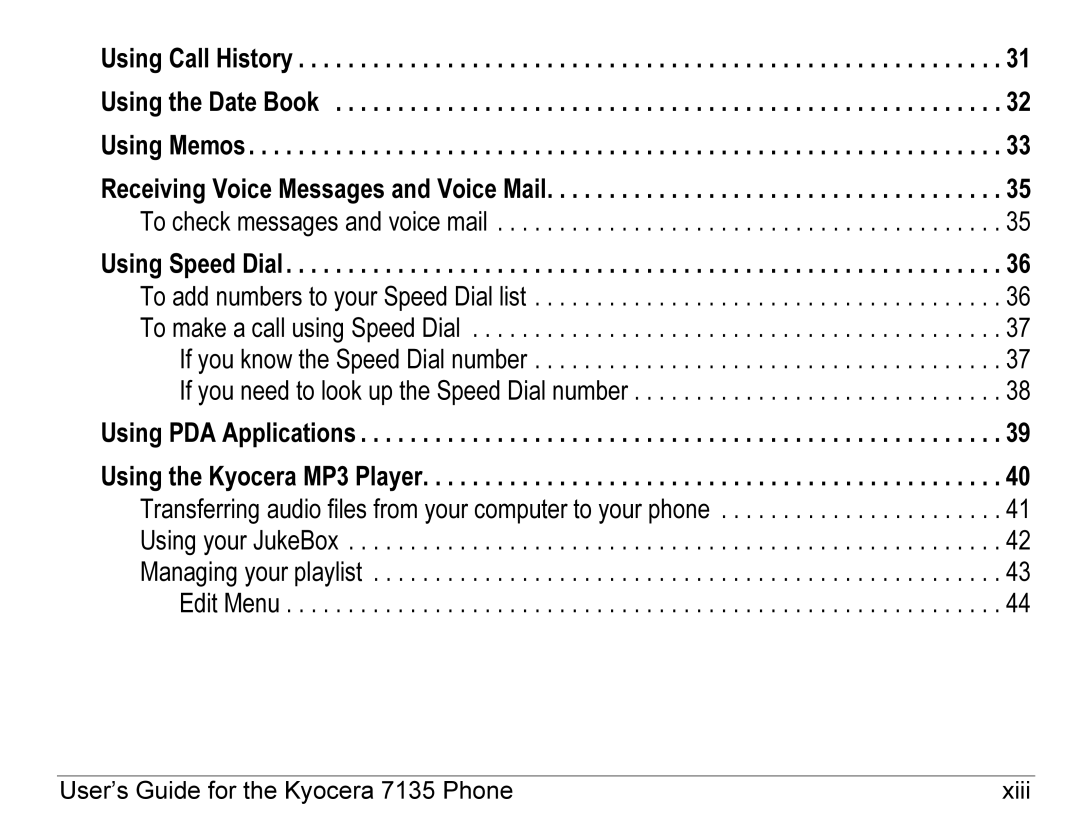 Kyocera 7100 Series manual User’s Guide for the Kyocera 7135 Phone Xiii 