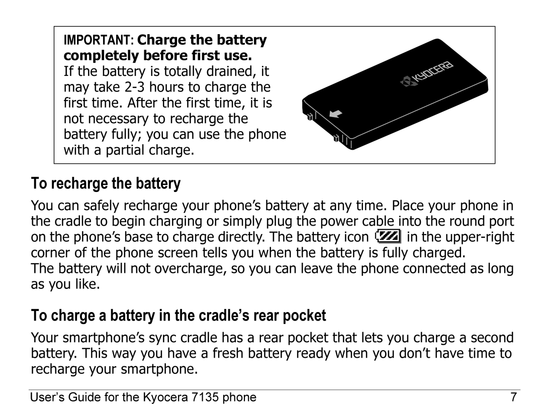 Kyocera 7100 Series, 7135 manual To recharge the battery, To charge a battery in the cradle’s rear pocket 