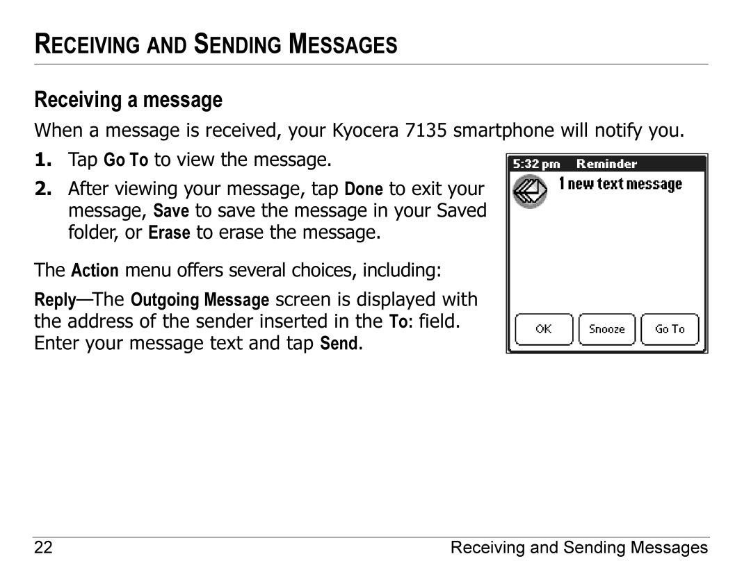 Kyocera 7135, 7100 Series manual Receiving and Sending Messages, Receiving a message 