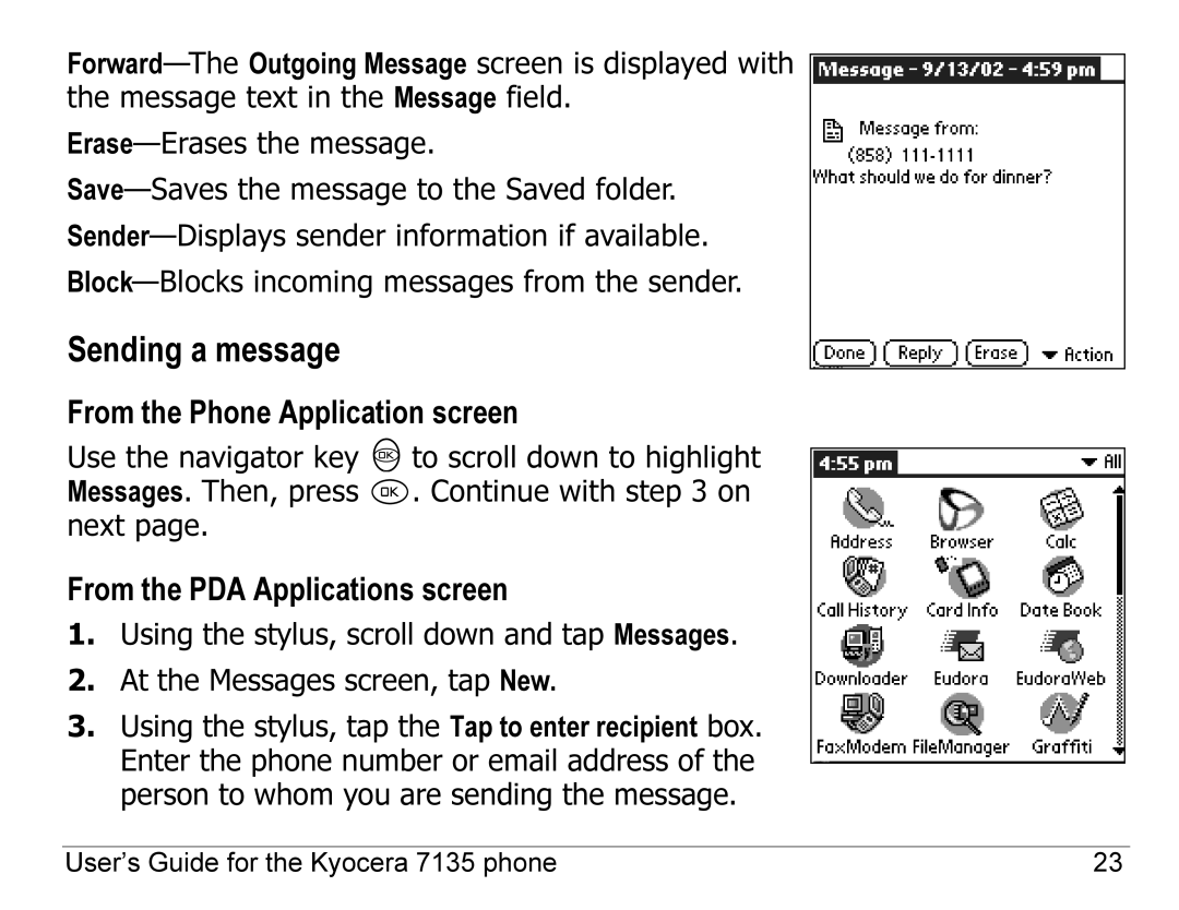 Kyocera 7100 Series, 7135 manual Sending a message, From the Phone Application screen, From the PDA Applications screen 