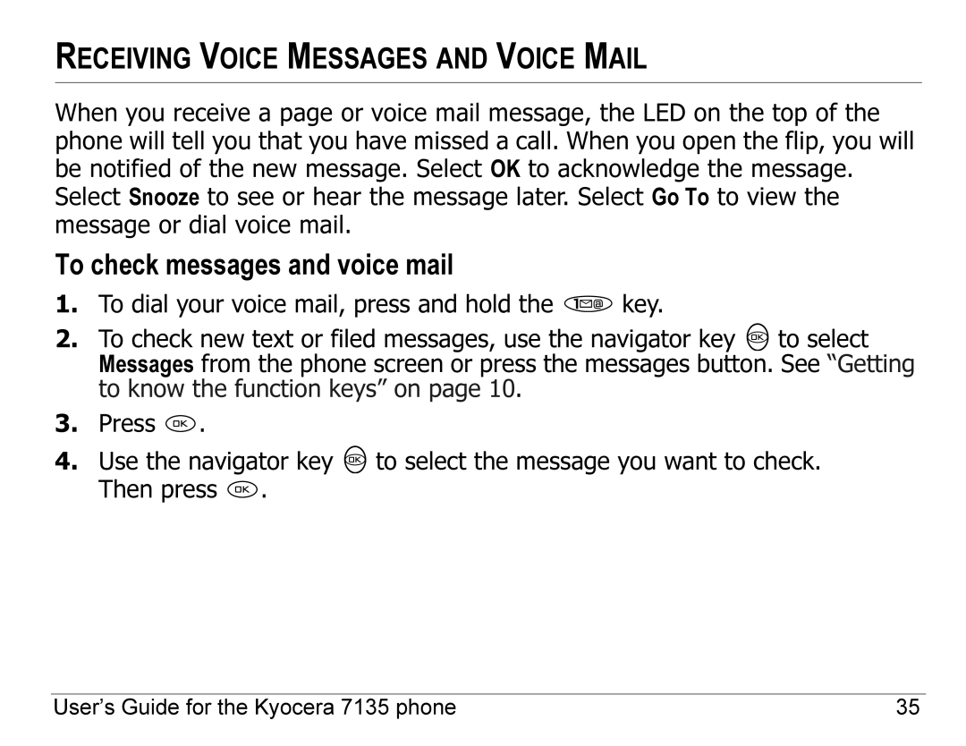 Kyocera 7100 Series, 7135 manual Receiving Voice Messages and Voice Mail, To check messages and voice mail 