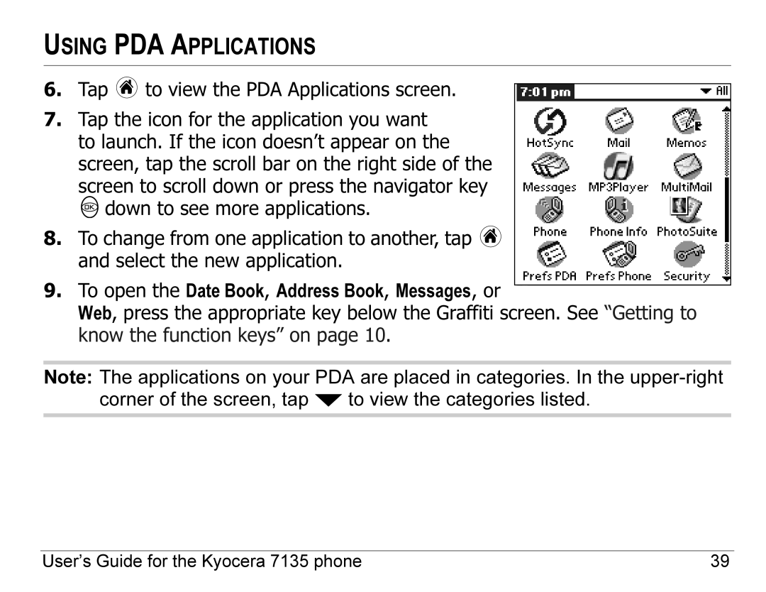 Kyocera 7100 Series, 7135 manual Using PDA Applications 