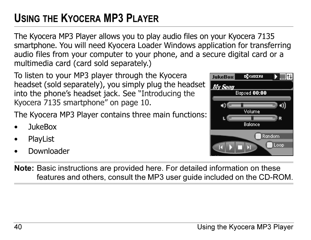 Kyocera 7135, 7100 Series manual Using the Kyocera MP3 Player 