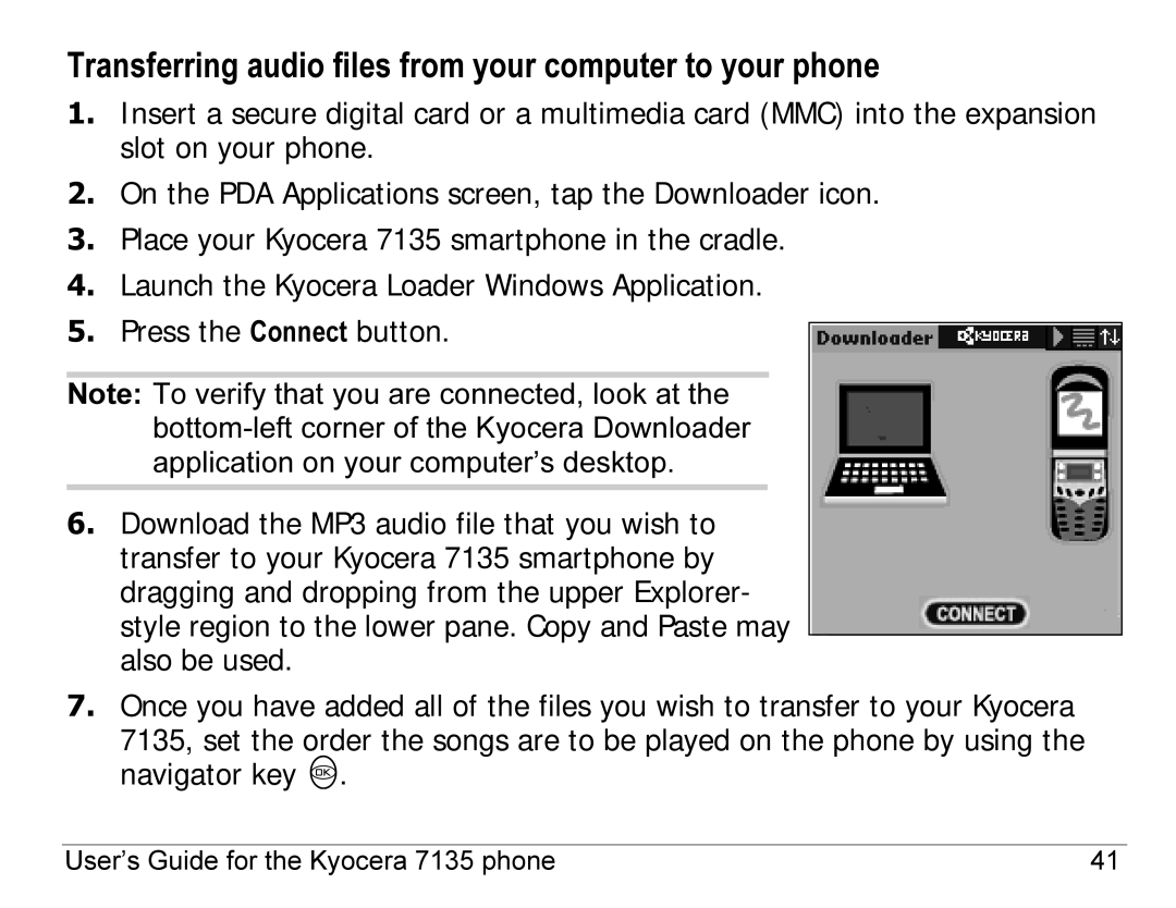 Kyocera 7100 Series, 7135 manual Transferring audio files from your computer to your phone 