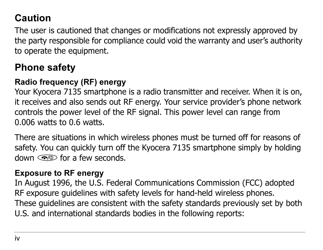 Kyocera 7135, 7100 Series manual Phone safety, Down for a few seconds Exposure to RF energy 