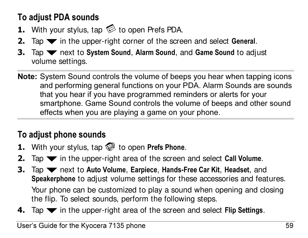 Kyocera 7100 Series, 7135 manual To adjust PDA sounds, To adjust phone sounds 