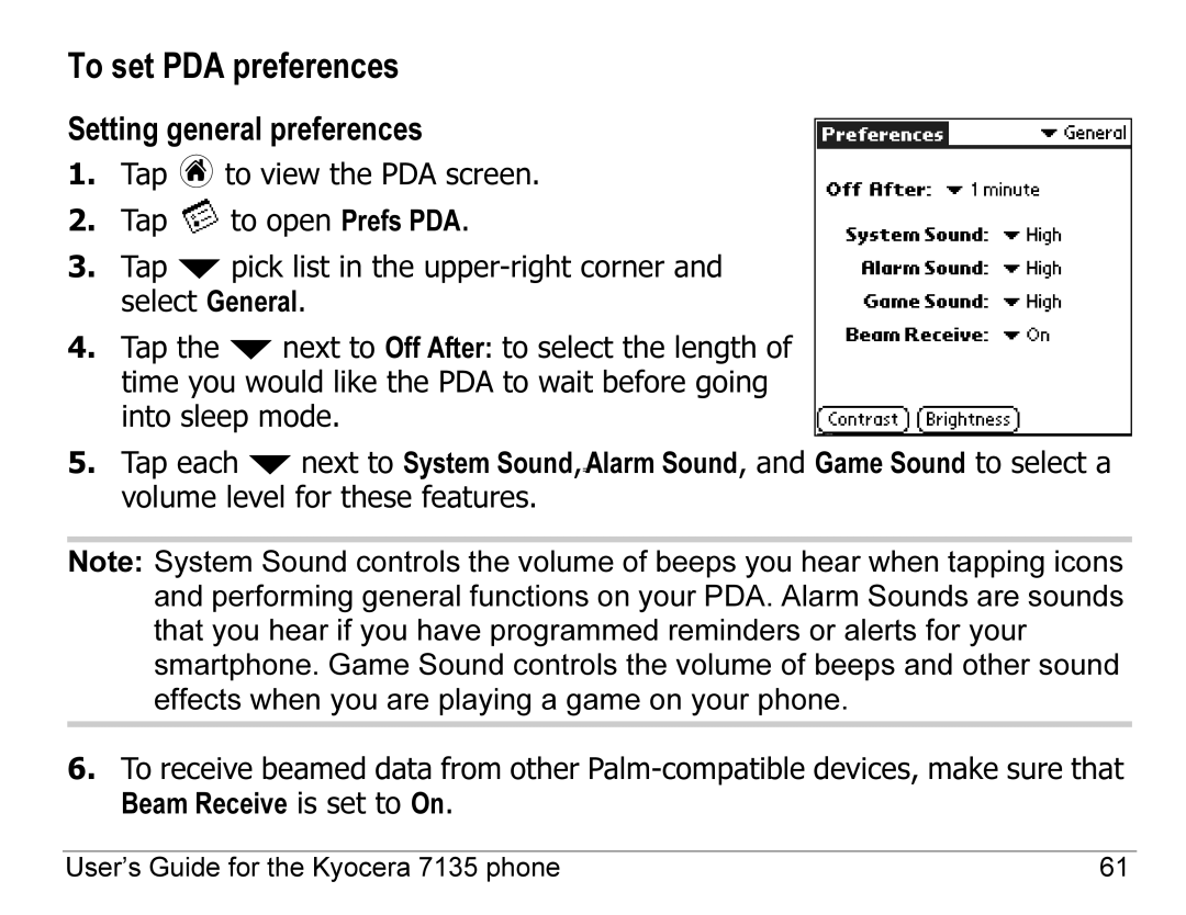 Kyocera 7100 Series, 7135 manual To set PDA preferences, Setting general preferences 