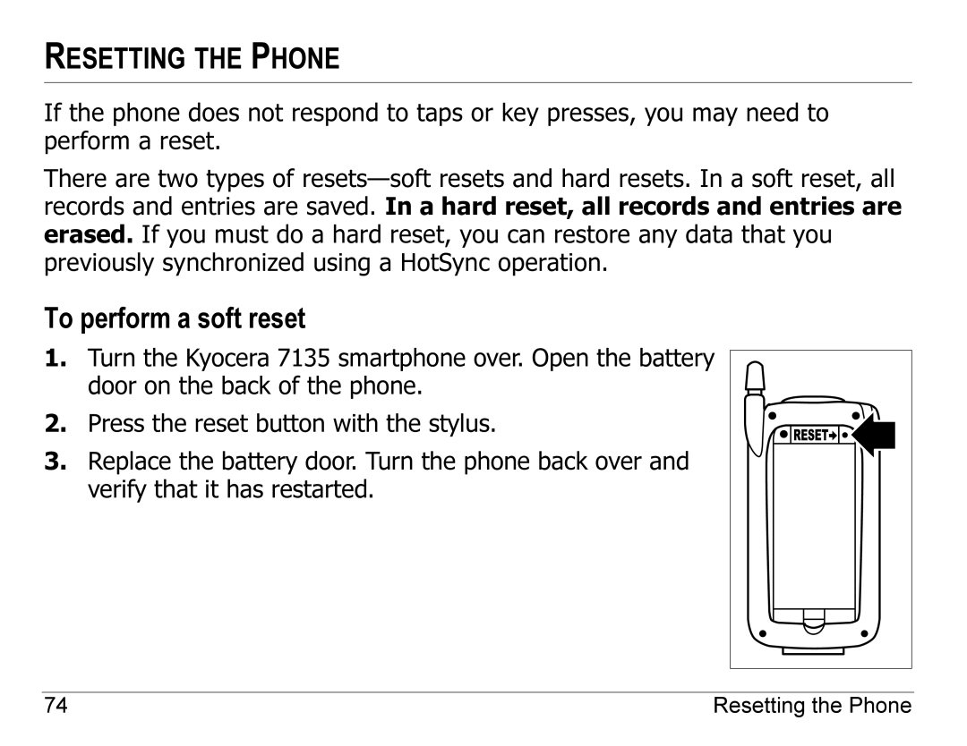 Kyocera 7135, 7100 Series manual Resetting the Phone, To perform a soft reset 