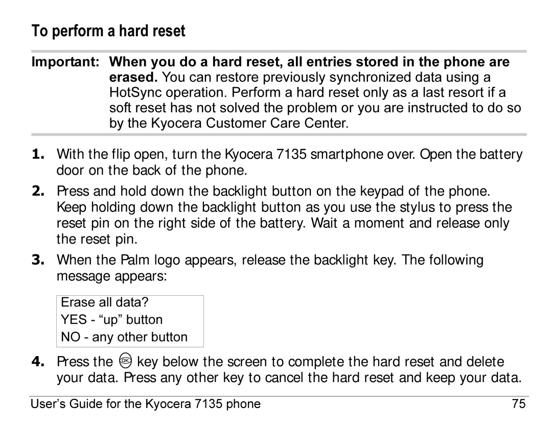 Kyocera 7100 Series, 7135 manual To perform a hard reset 