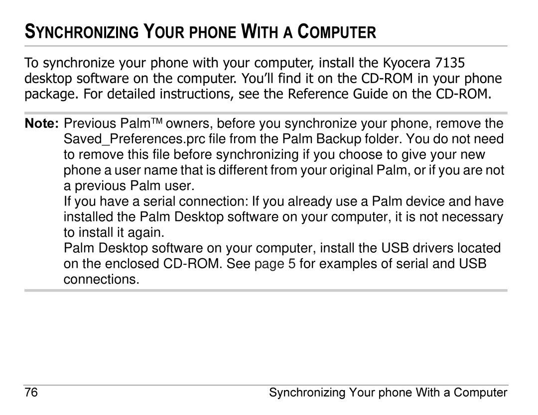 Kyocera 7135, 7100 Series manual Synchronizing Your Phone with a Computer 