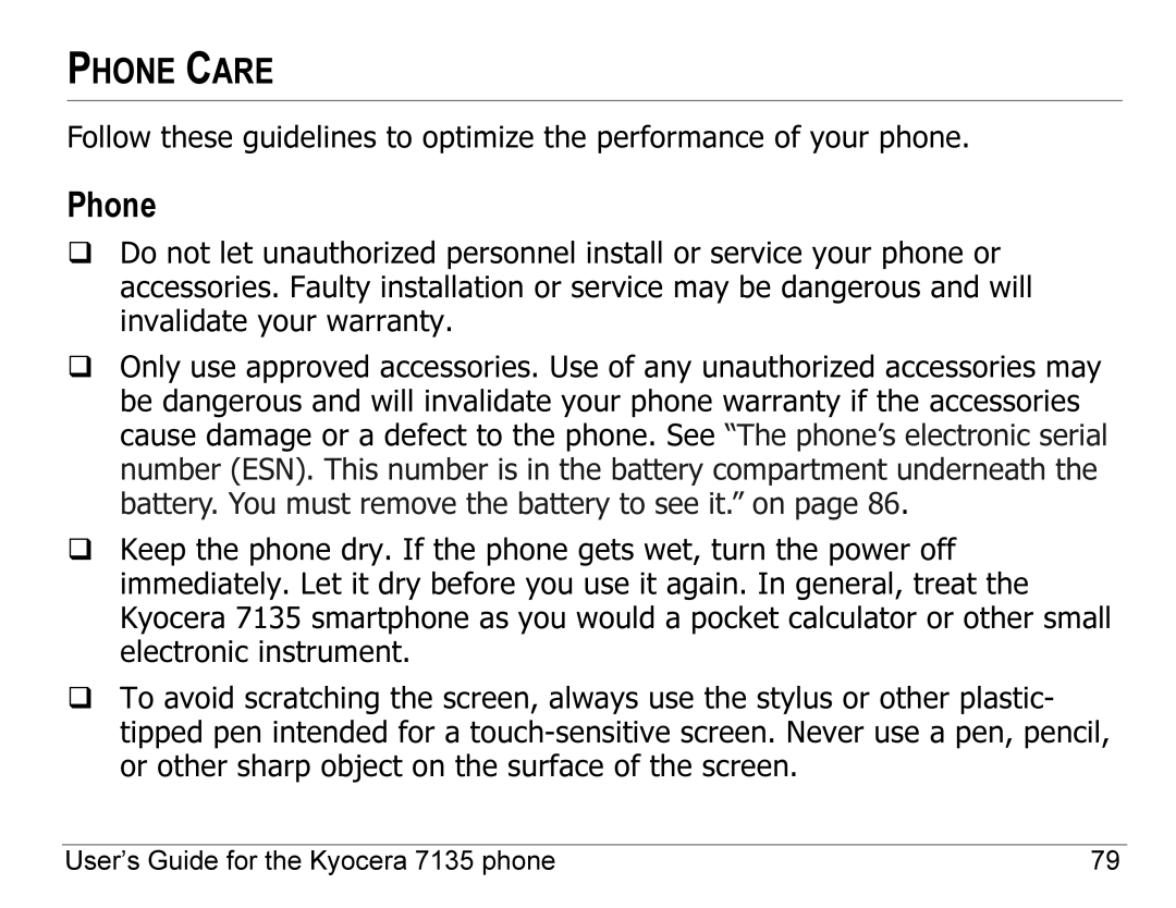 Kyocera 7100 Series, 7135 manual Phone Care 