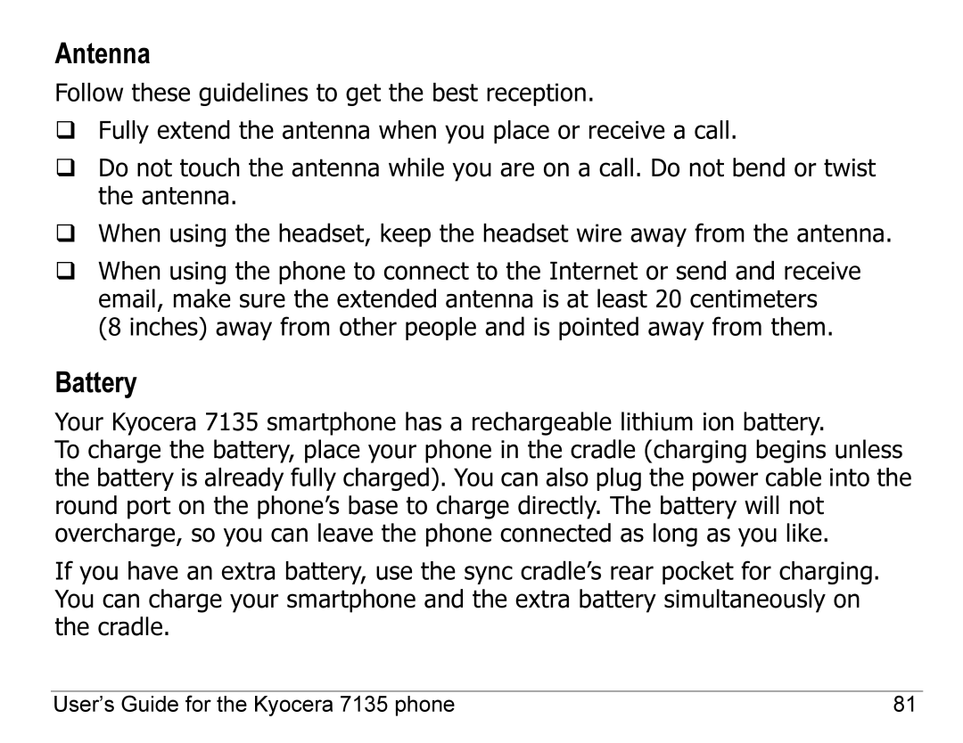 Kyocera 7100 Series, 7135 manual Antenna, Battery 