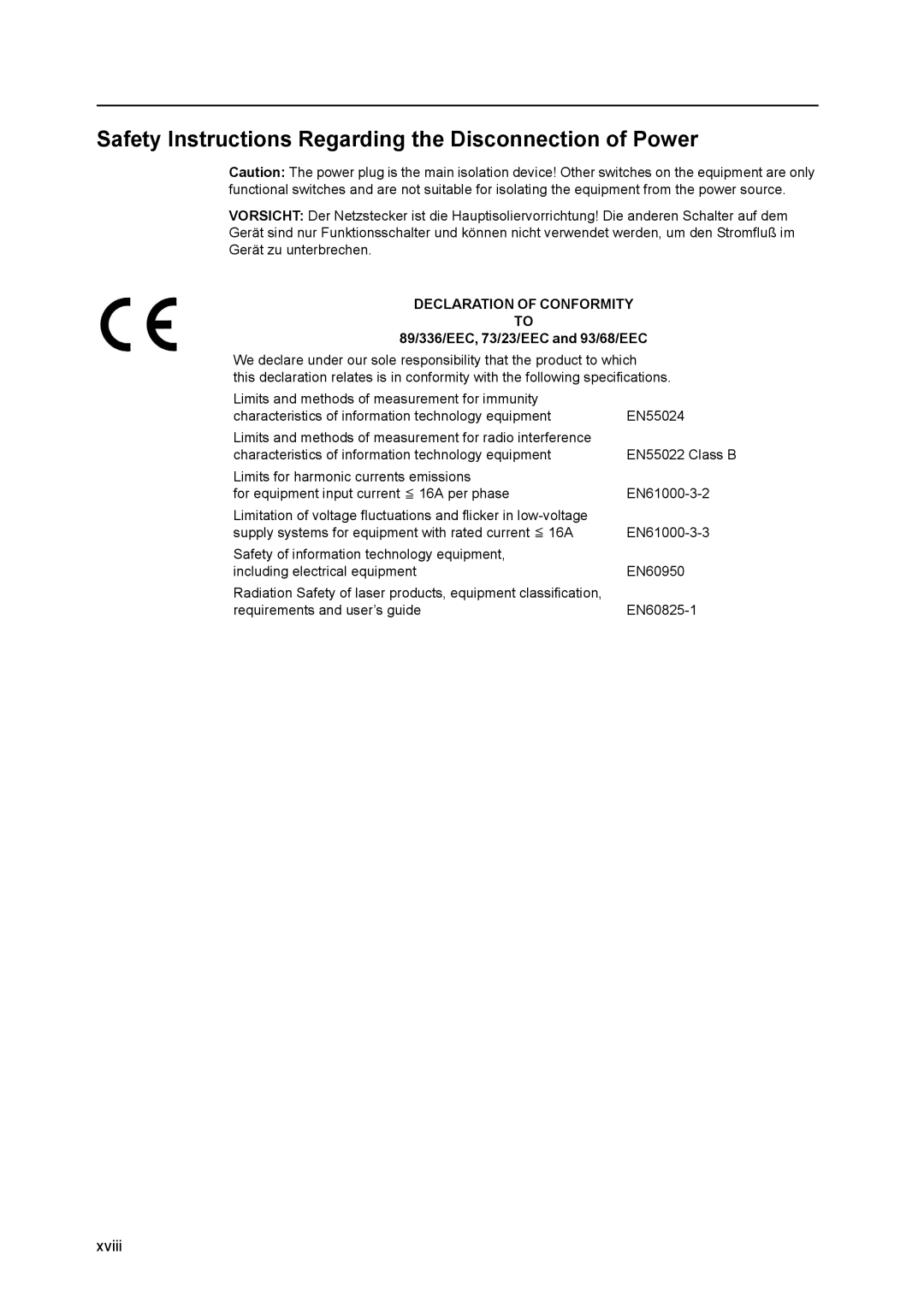 Kyocera 8030 manual Safety Instructions Regarding the Disconnection of Power, 89/336/EEC, 73/23/EEC and 93/68/EEC 