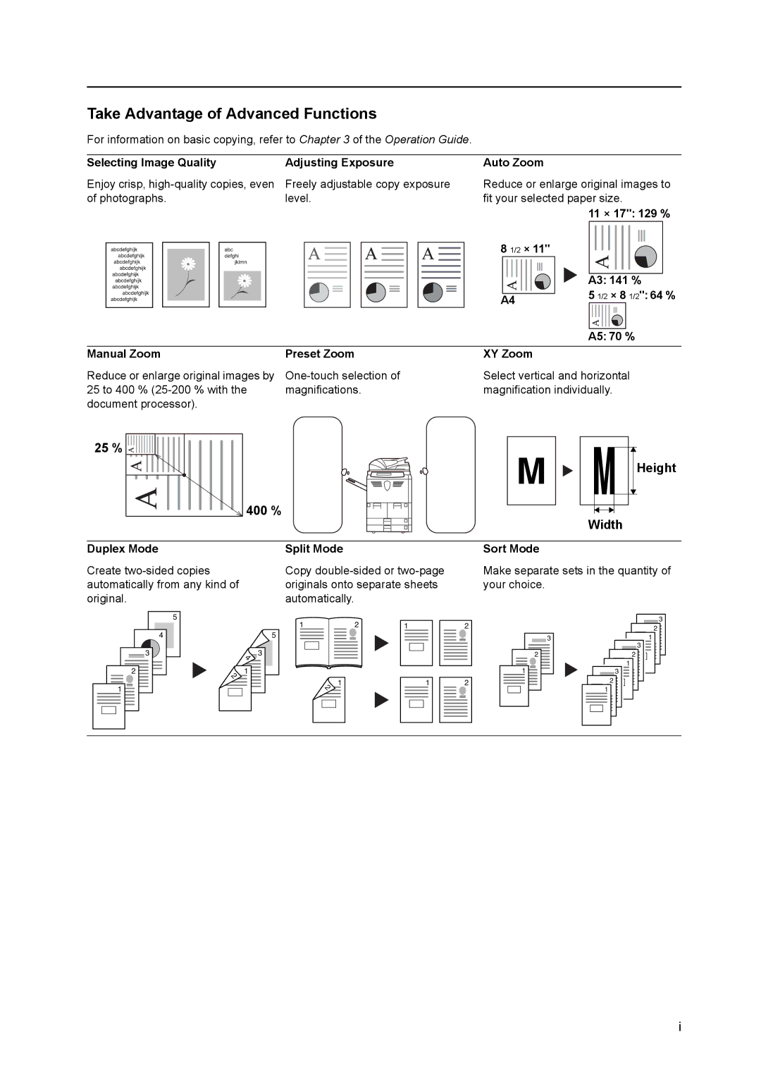 Kyocera 8030 manual Selecting Image Quality Adjusting Exposure Auto Zoom, 11 × 17 129 %, Duplex Mode Split Mode, Sort Mode 