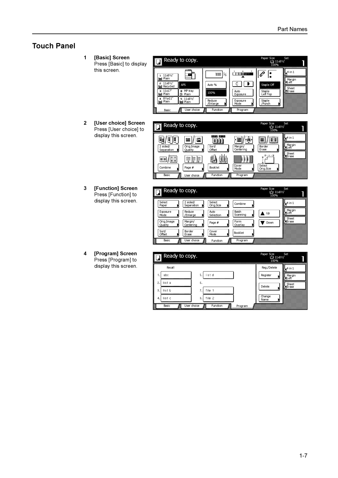 Kyocera 8030 manual Touch Panel, Basic Screen, User choice Screen Press User choice to display this screen 