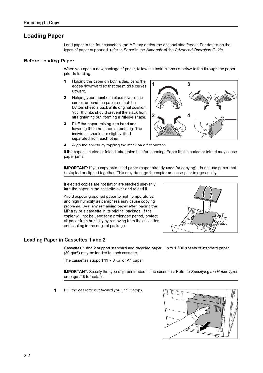 Kyocera 8030 manual Before Loading Paper, Loading Paper in Cassettes 1 