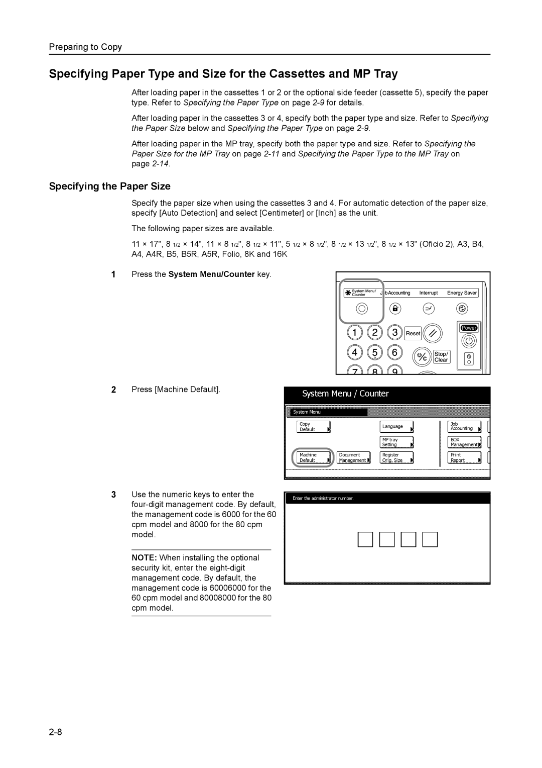 Kyocera 8030 manual Specifying the Paper Size, Press the System Menu/Counter key 