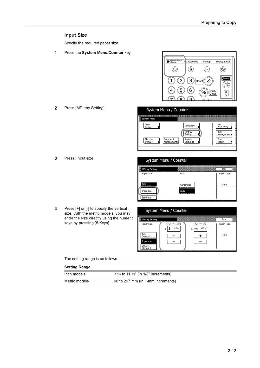 Kyocera 8030 manual Input Size, Setting Range 