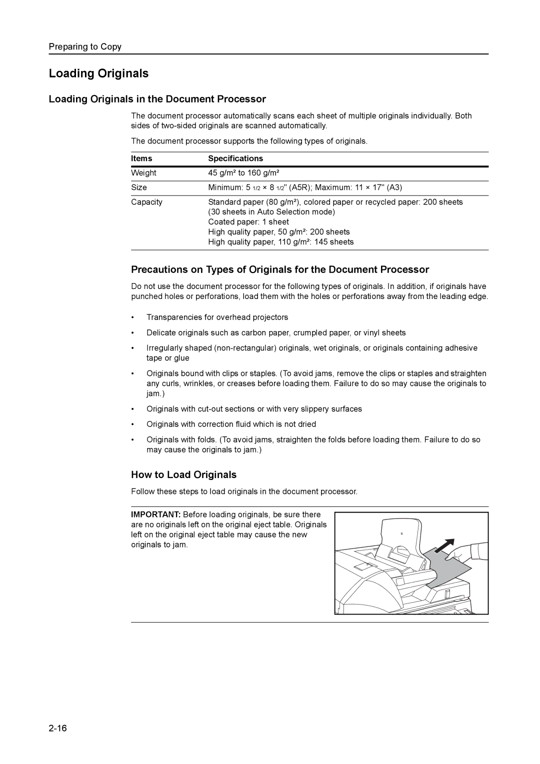 Kyocera 8030 manual Loading Originals in the Document Processor, How to Load Originals, Items Specifications 