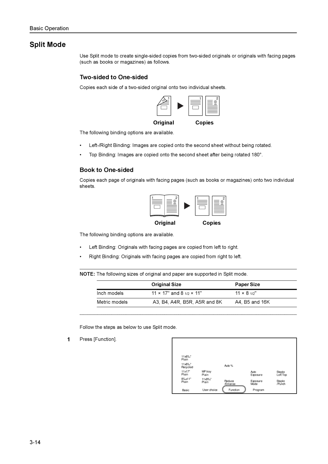 Kyocera 8030 manual Split Mode, Two-sided to One-sided, Book to One-sided, Original Size Paper Size 