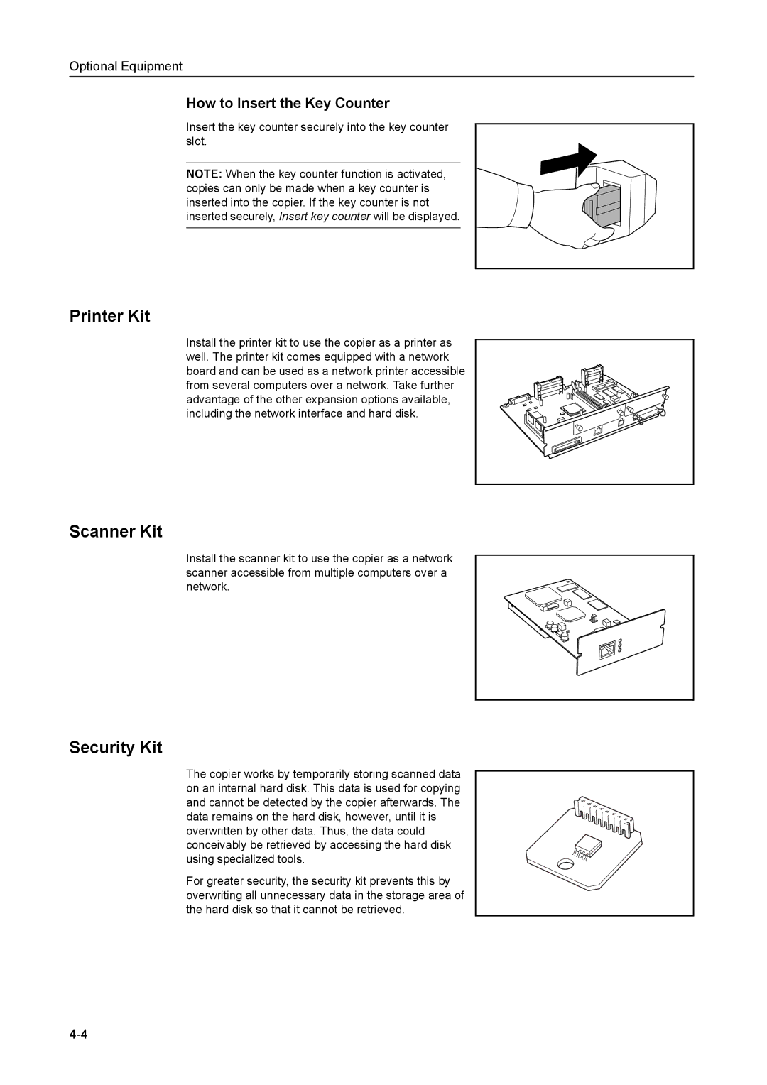 Kyocera 8030 manual Printer Kit, Scanner Kit, Security Kit, How to Insert the Key Counter 