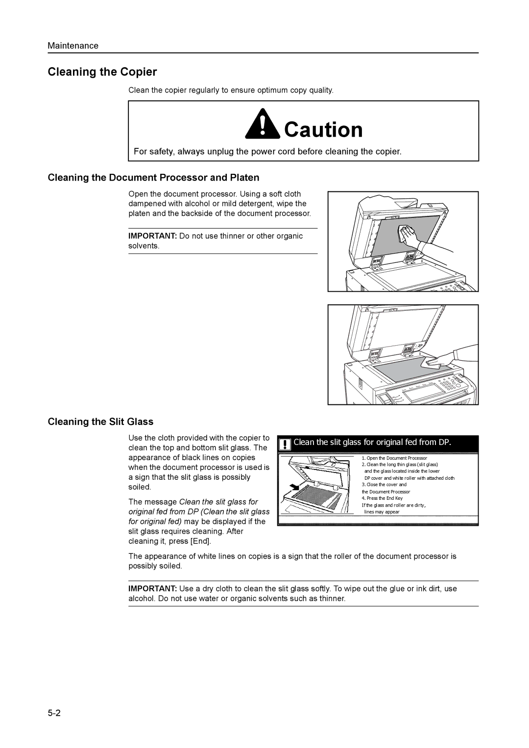 Kyocera 8030 manual Cleaning the Copier, Cleaning the Document Processor and Platen, Cleaning the Slit Glass 