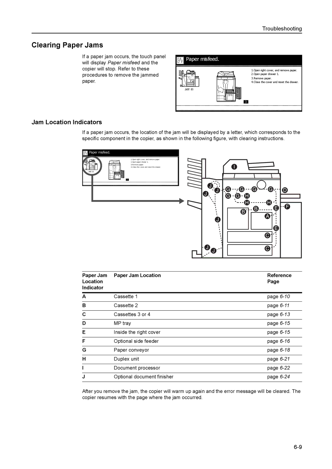 Kyocera 8030 manual Clearing Paper Jams, Jam Location Indicators 