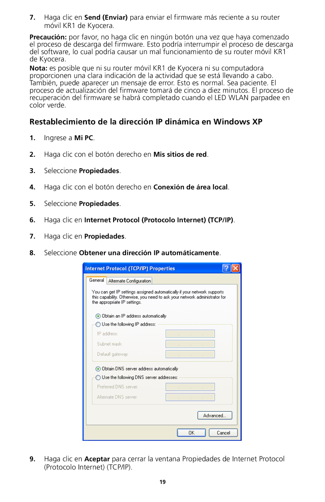 Kyocera 82-G1770-1FP manual Restablecimiento de la dirección IP dinámica en Windows XP 