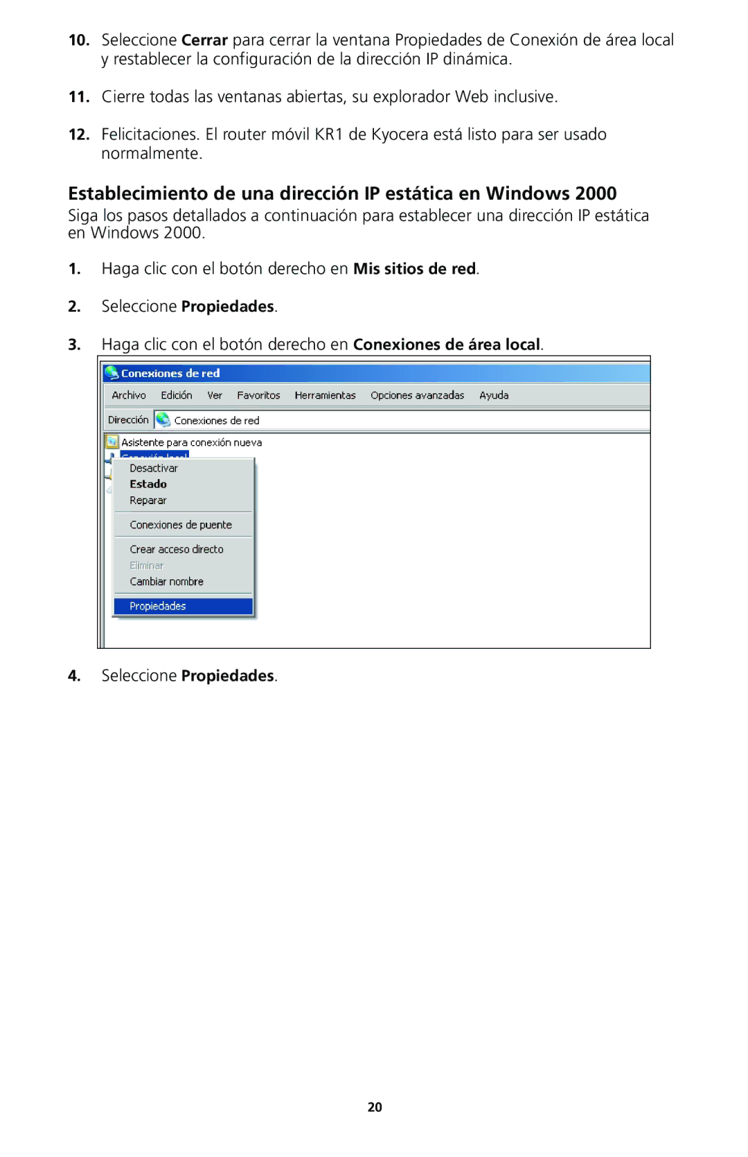 Kyocera 82-G1770-1FP manual Establecimiento de una dirección IP estática en Windows 