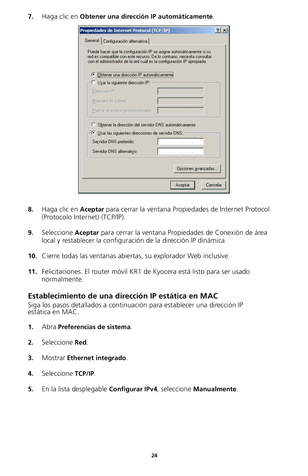 Kyocera 82-G1770-1FP manual Establecimiento de una dirección IP estática en MAC 