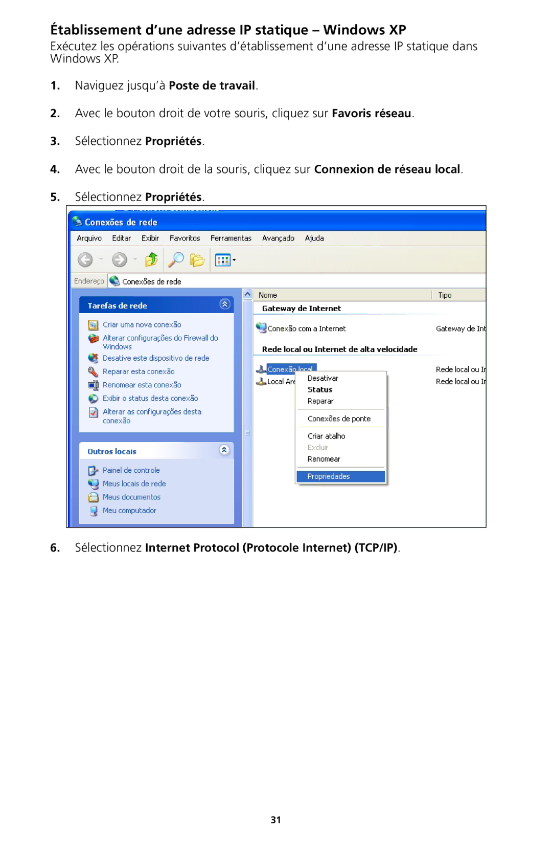 Kyocera 82-G1770-1FP manual Établissement d’une adresse IP statique Windows XP 