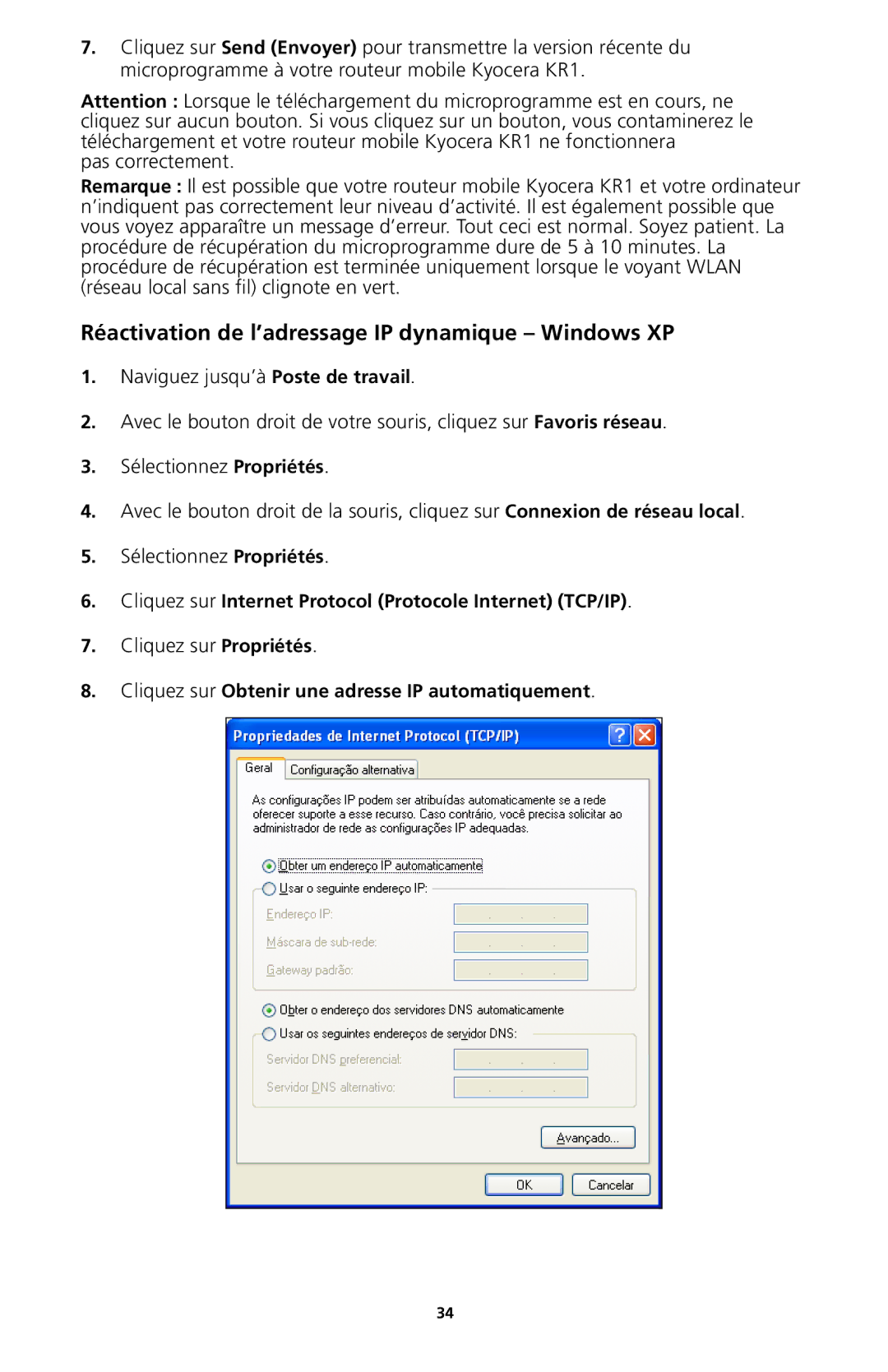 Kyocera 82-G1770-1FP manual Réactivation de l’adressage IP dynamique Windows XP 