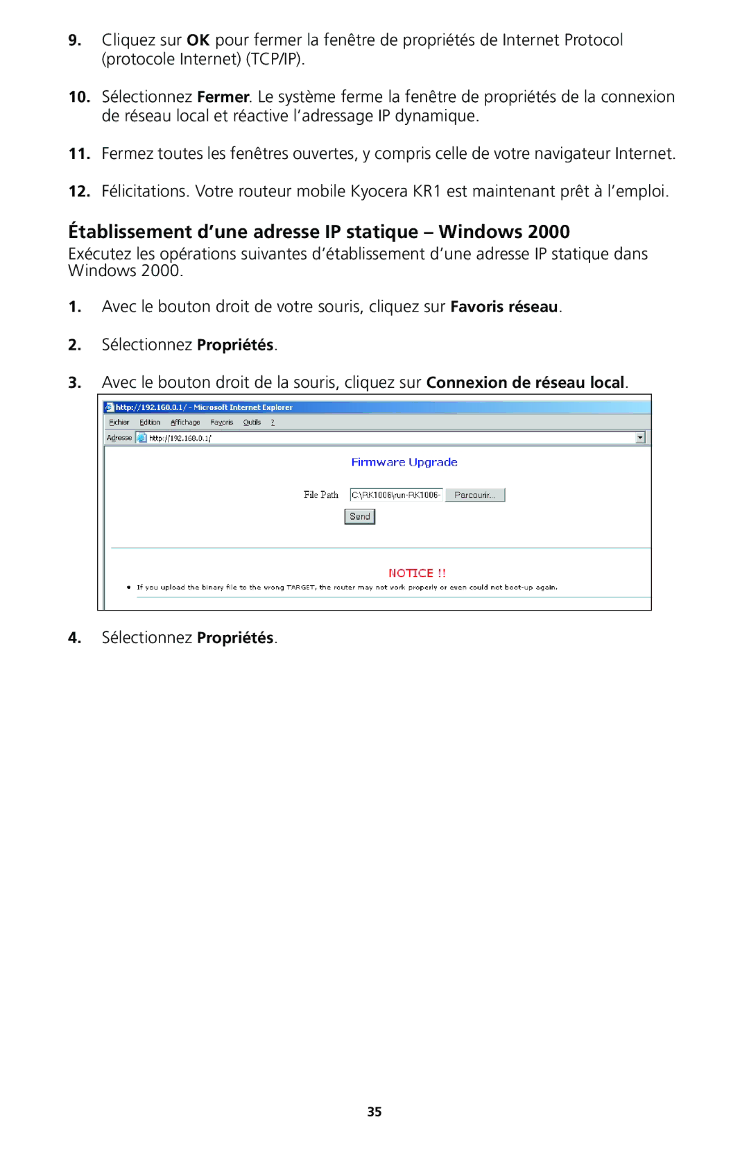 Kyocera 82-G1770-1FP manual Établissement d’une adresse IP statique Windows 