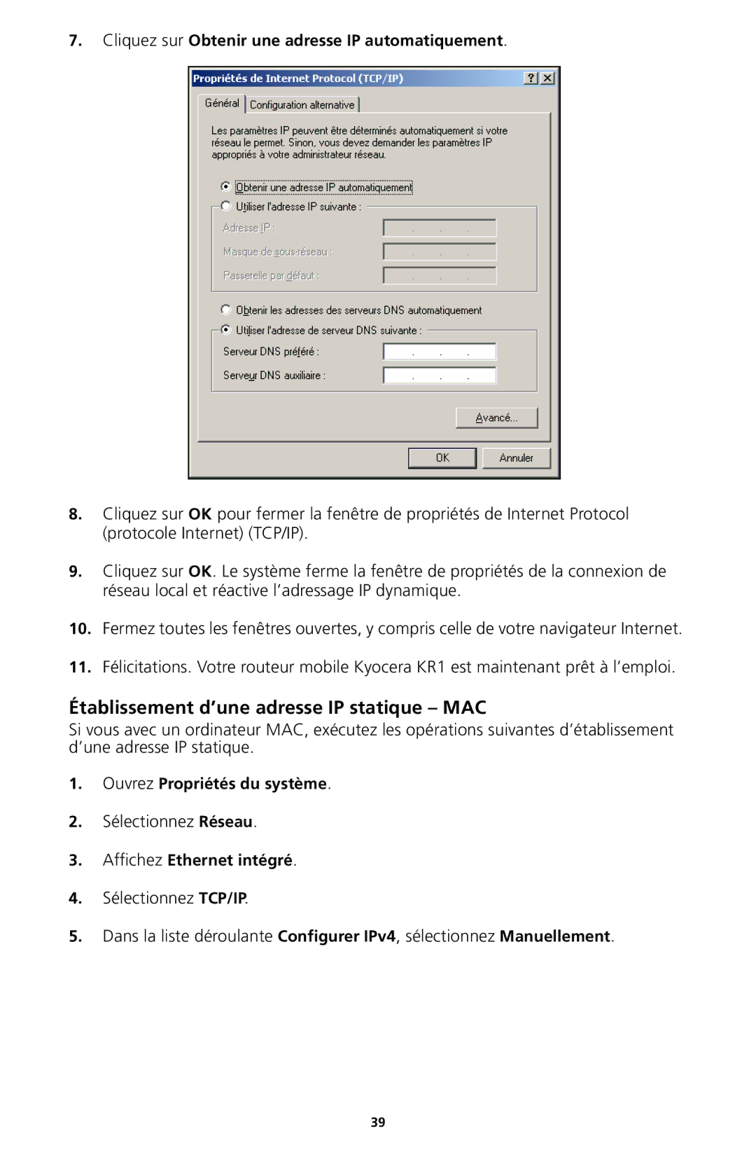 Kyocera 82-G1770-1FP manual Établissement d’une adresse IP statique MAC 