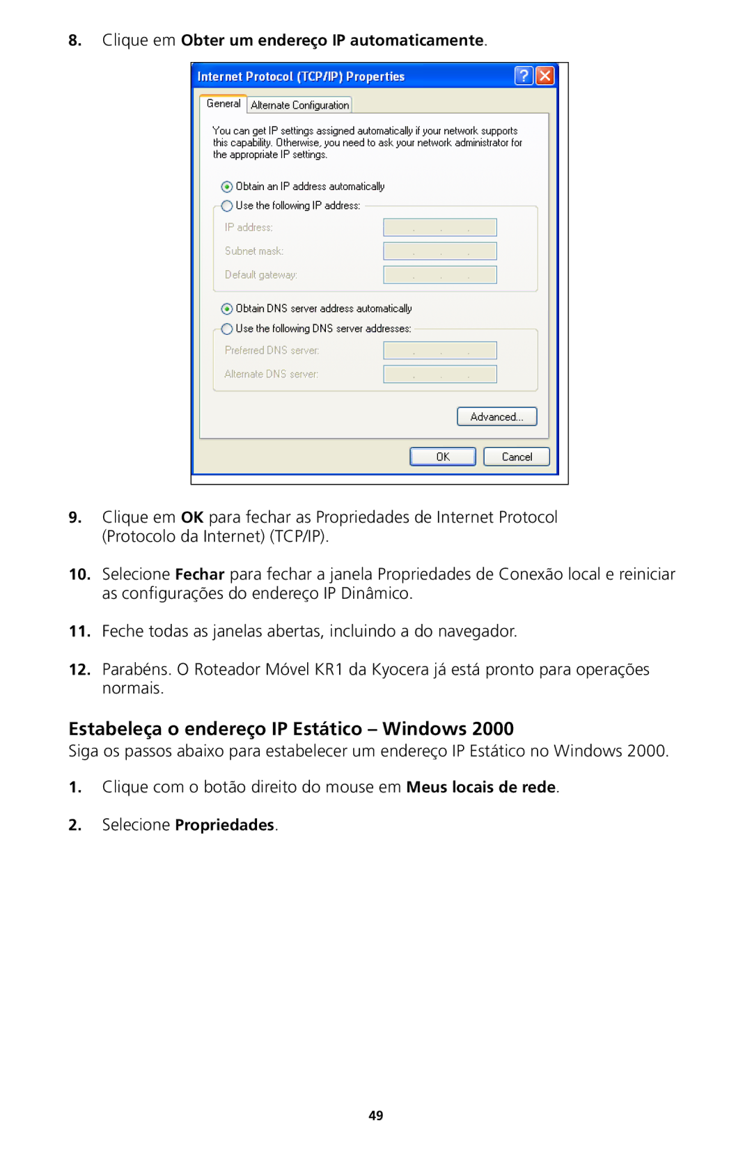 Kyocera 82-G1770-1FP manual Estabeleça o endereço IP Estático Windows 