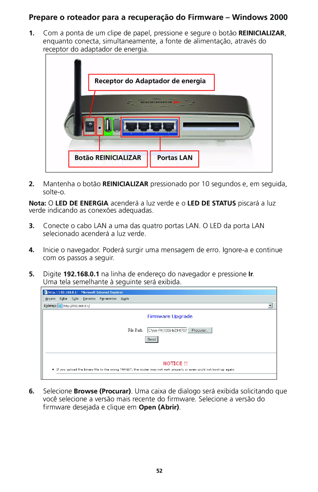 Kyocera 82-G1770-1FP manual Prepare o roteador para a recuperação do Firmware Windows 